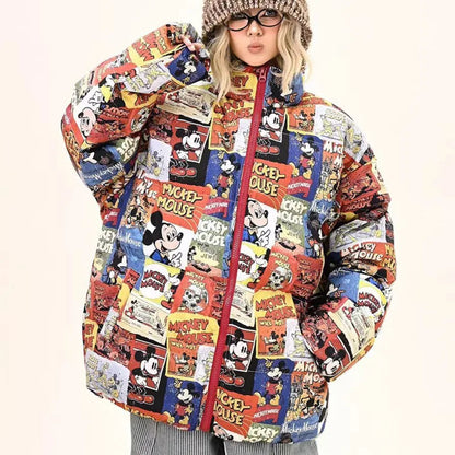 2025 American Style Cartoon Print Cotton Jacket Unisex Stand Collar Winter Coat for Men & Women