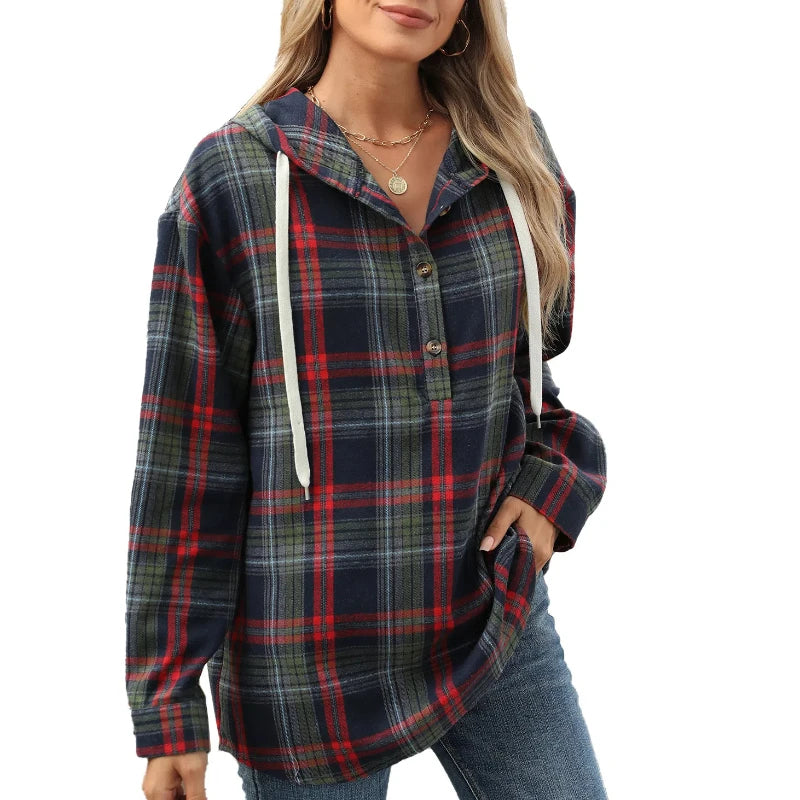 2025 Plaid Hooded Sweatshirt for Women Loose Fit Drawstring Long Sleeve Casual Fall Fashion