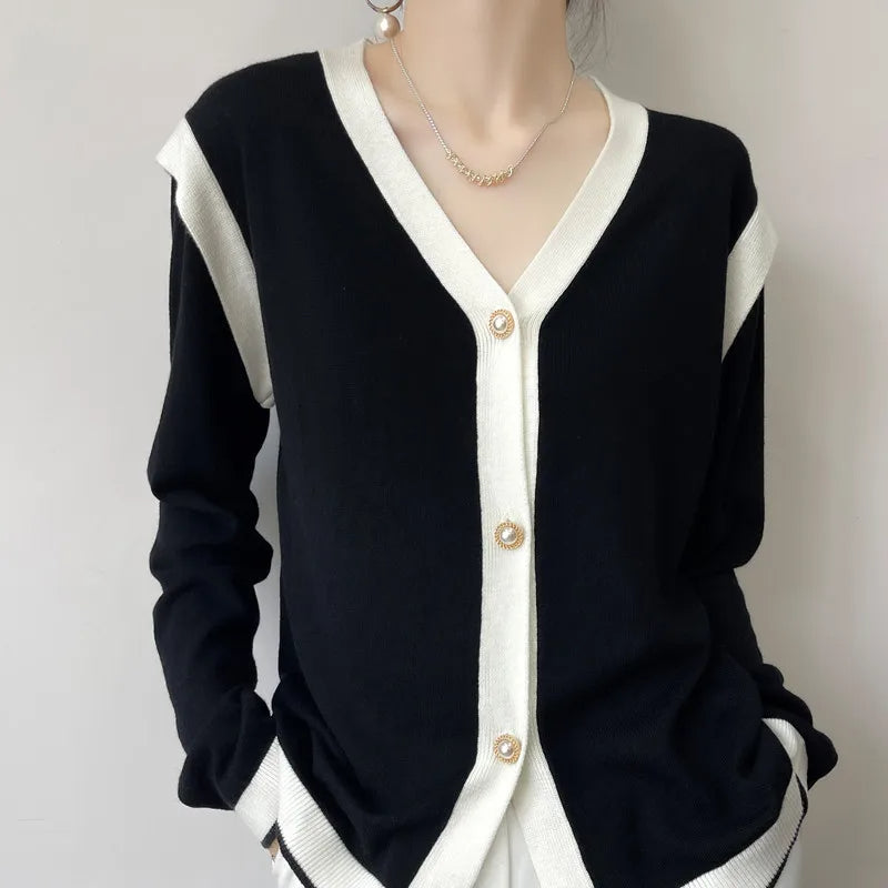 2025 V-Neck Cashmere Knit Cardigan for Women Lightweight, Loose-Fit, Spring & Autumn Fashion, Lazy Chic Style