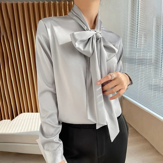 Big Butterfly Bow Tie Long Sleeves Satin Shirts For Women