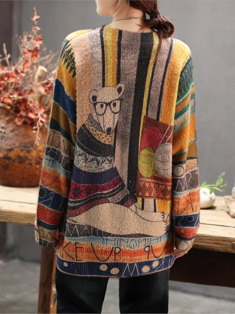 Intelligent Bear Rustic Style Knitted O-Neck Sweater