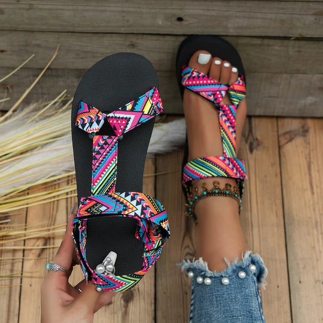 Multi Colored Traditional Pattern Outdoor Flat Sandals For Women