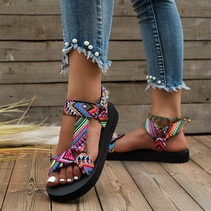 Multi Colored Traditional Pattern Outdoor Flat Sandals For Women