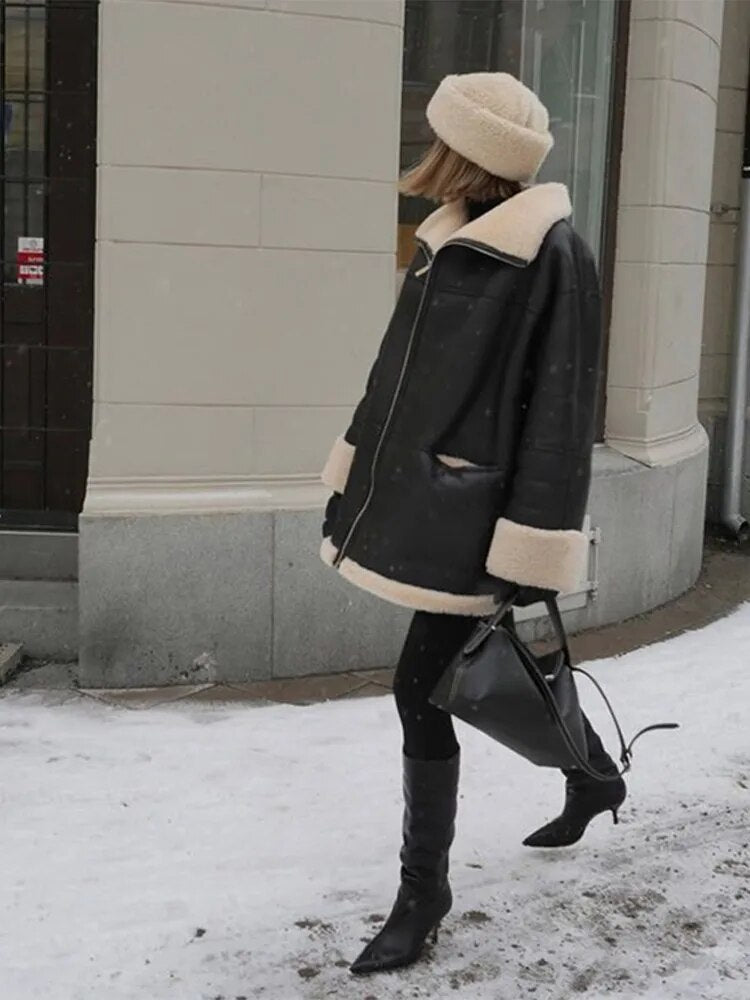 Long Sleeve Lapel Collar Zipper Pu Leather Fur Coats For Women