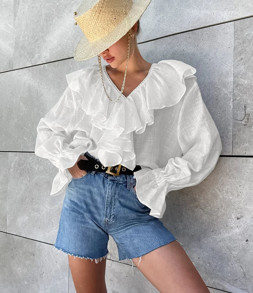 Women’s Drop Shoulder Lace Cotton Linen Shirt | White V-Neck with Laminated Flounces, Loose Blouse for Vacation