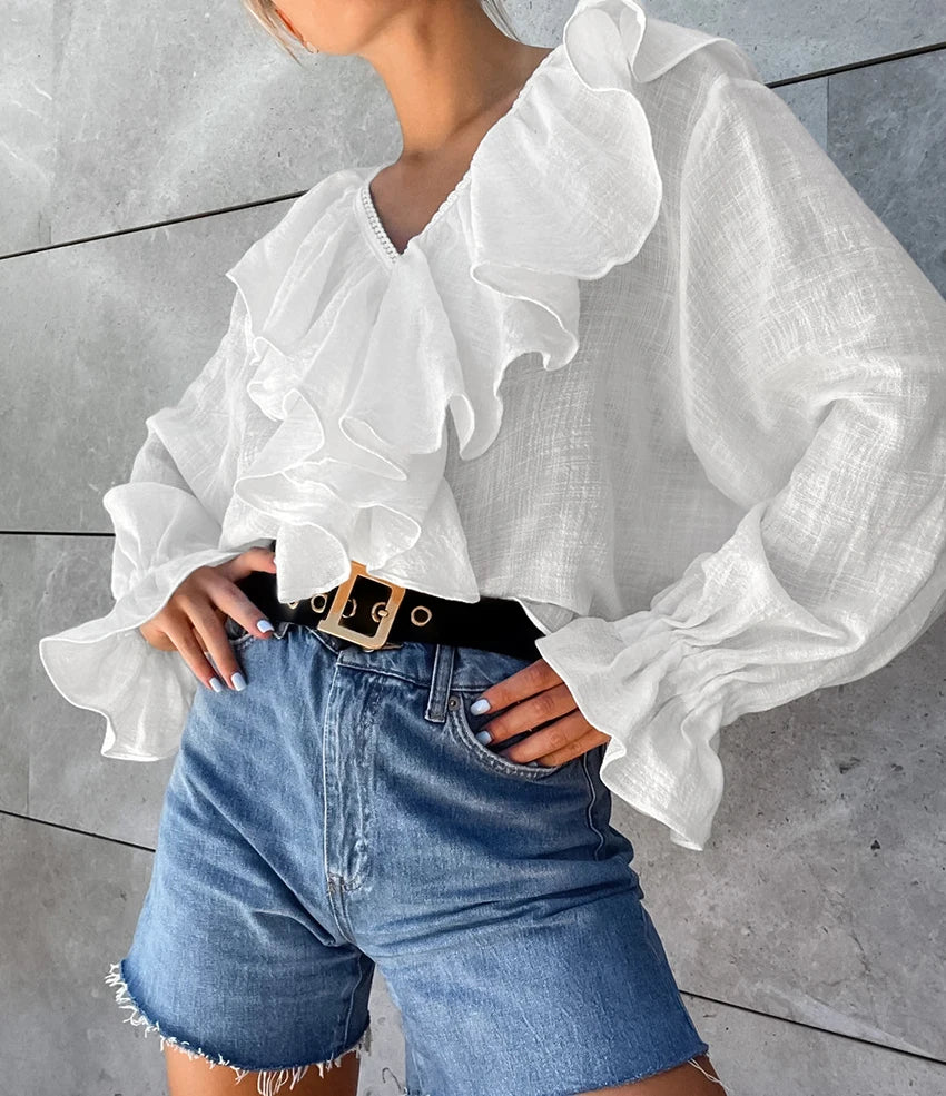 Women’s Drop Shoulder Lace Cotton Linen Shirt | White V-Neck with Laminated Flounces, Loose Blouse for Vacation