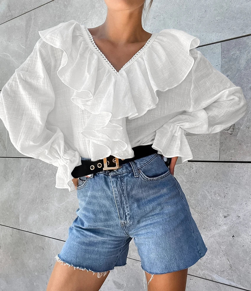 Women’s Drop Shoulder Lace Cotton Linen Shirt | White V-Neck with Laminated Flounces, Loose Blouse for Vacation