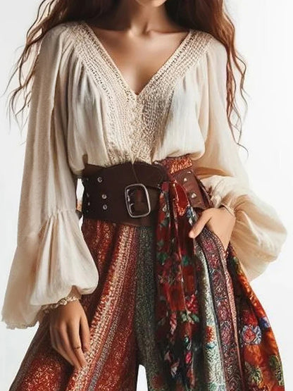 Boho Lantern Sleeve V-Neck Blouse | Solid Color Patchwork Ethnic Style Women’s Top for Spring, Summer & Autumn