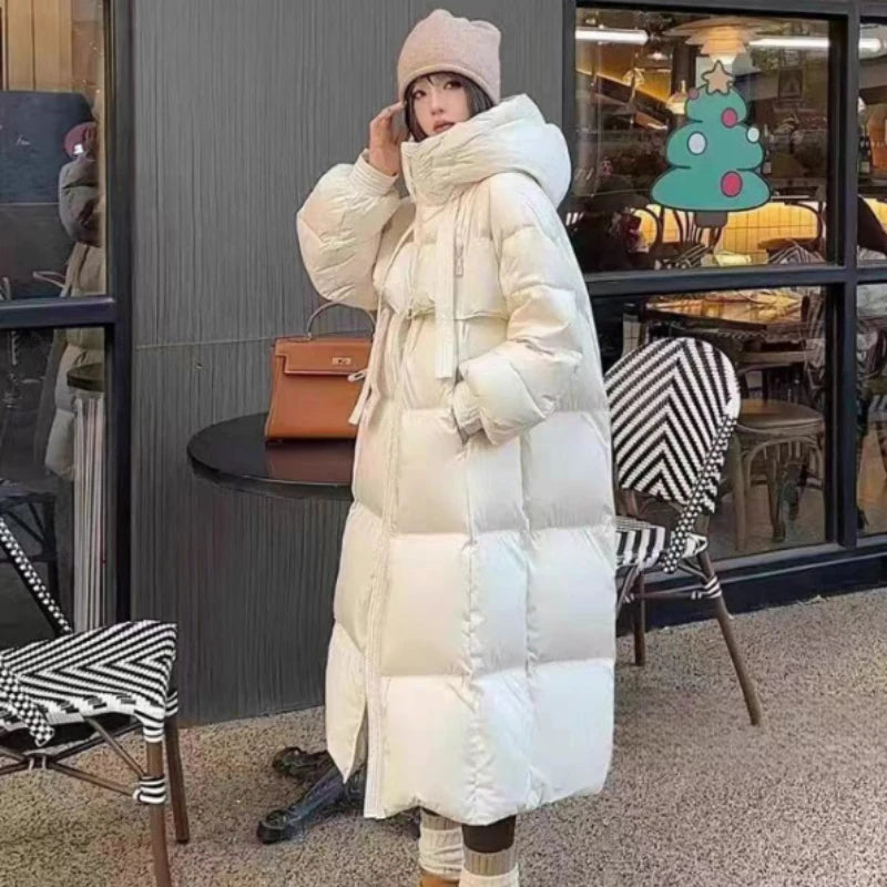 Women's Long Winter Down Jacket Loose Fit Hooded Thick & Warm White Duck Down Coat