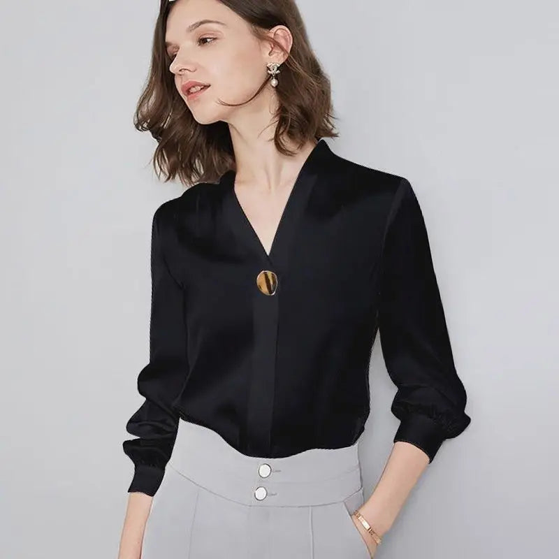 Spring/Summer Women’s Chiffon Loose-Fit Shirt | Solid Color Long Sleeve Office Lady Top for All-Match Fashion