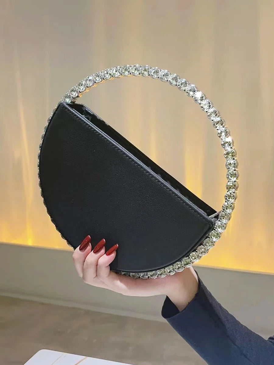 Rhinestone Round Ring Evening Clutch - Trendy Faux Leather Handbag for Women, Party, Prom & Wedding