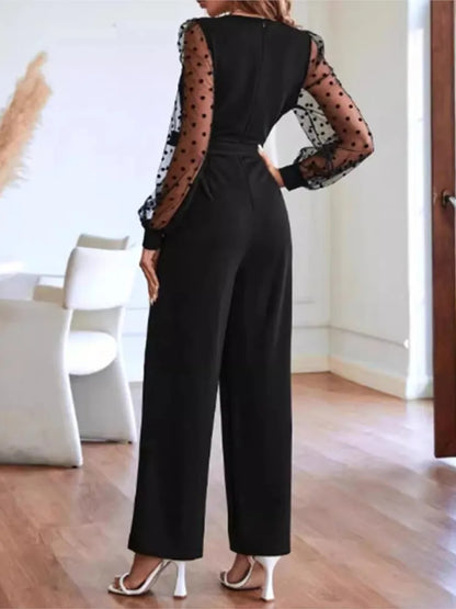 Sheer Sleeve Black Straight Jumpsuits