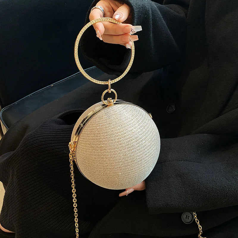 Circular Ring Metal Evening Bag - Silver Round Ball Clutch Purse for Lipstick, Elegant Luxury Wedding Wallet