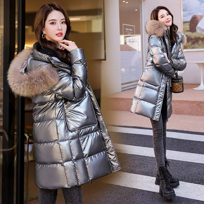 New Winter Fashion Women's Mid-Length Down Coat Fur Collar Bright Finish Thick & Warm