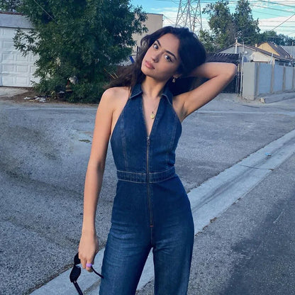 2025 Sexy Denim Jumpsuit for Women Sleeveless V-Collar Zip-Up Lapel Y2K Chic Wide-Leg Overalls