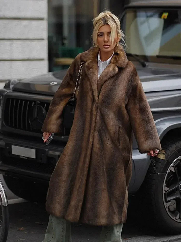 Women's Dark Brown Faux Fur Long Overcoat