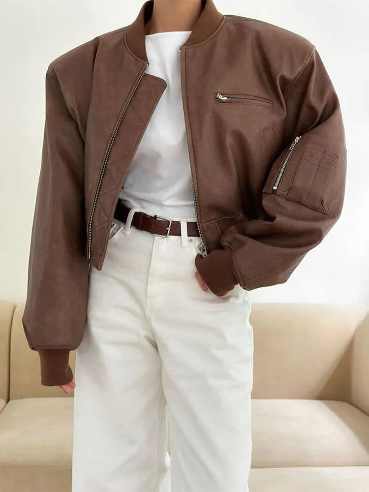 Elegant Brown Zipper Short Leather Bomber Jacket