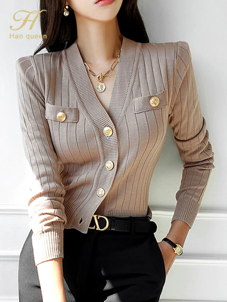 2025 Korean Chic V-Neck Knit Cardigan for Women Casual Long Sleeve, Vintage Autumn Fashion