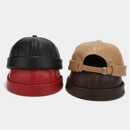 Solid Color PU Leather Landlord Hat – Unisex Retro Melon Cap, Adjustable Autumn Winter Docker Hat