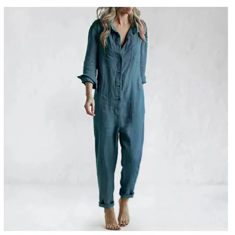 Cotton Linen Vintage Women's Jumpsuit – Single Breasted Button Design, Turn-Down Collar, Long Sleeve Romper with Pockets