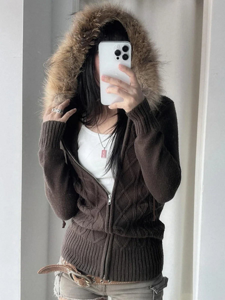 2025 Retro-Inspired Oversized Cable Knit Cardigan for Women Hooded, Plush Trim, Harajuku Streetwear Style