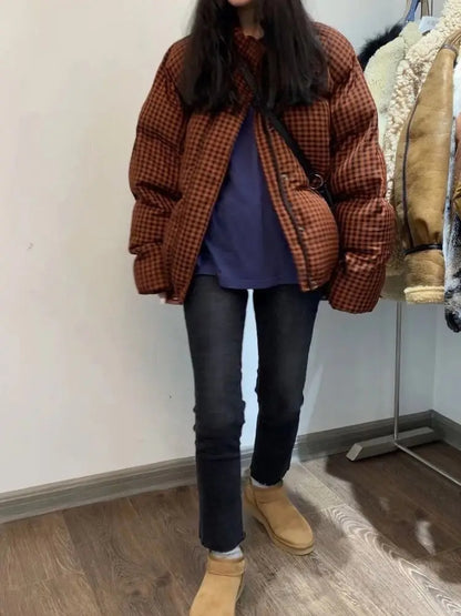 2025 Winter Korean Style Checkered Thick Short Parka Jacket for Women Warm & Trendy