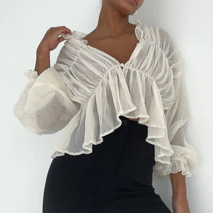 Chic Women's Ruffle Crop Top | V-Neck Puff Sleeve See-Through T-Shirt Blouse for Elegant Streetwear