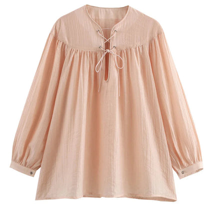 2025 Spring Women's Elegant Lace-Up Blouse | Loose-Fit Long Sleeve O-Neck Shirt Fashion Top