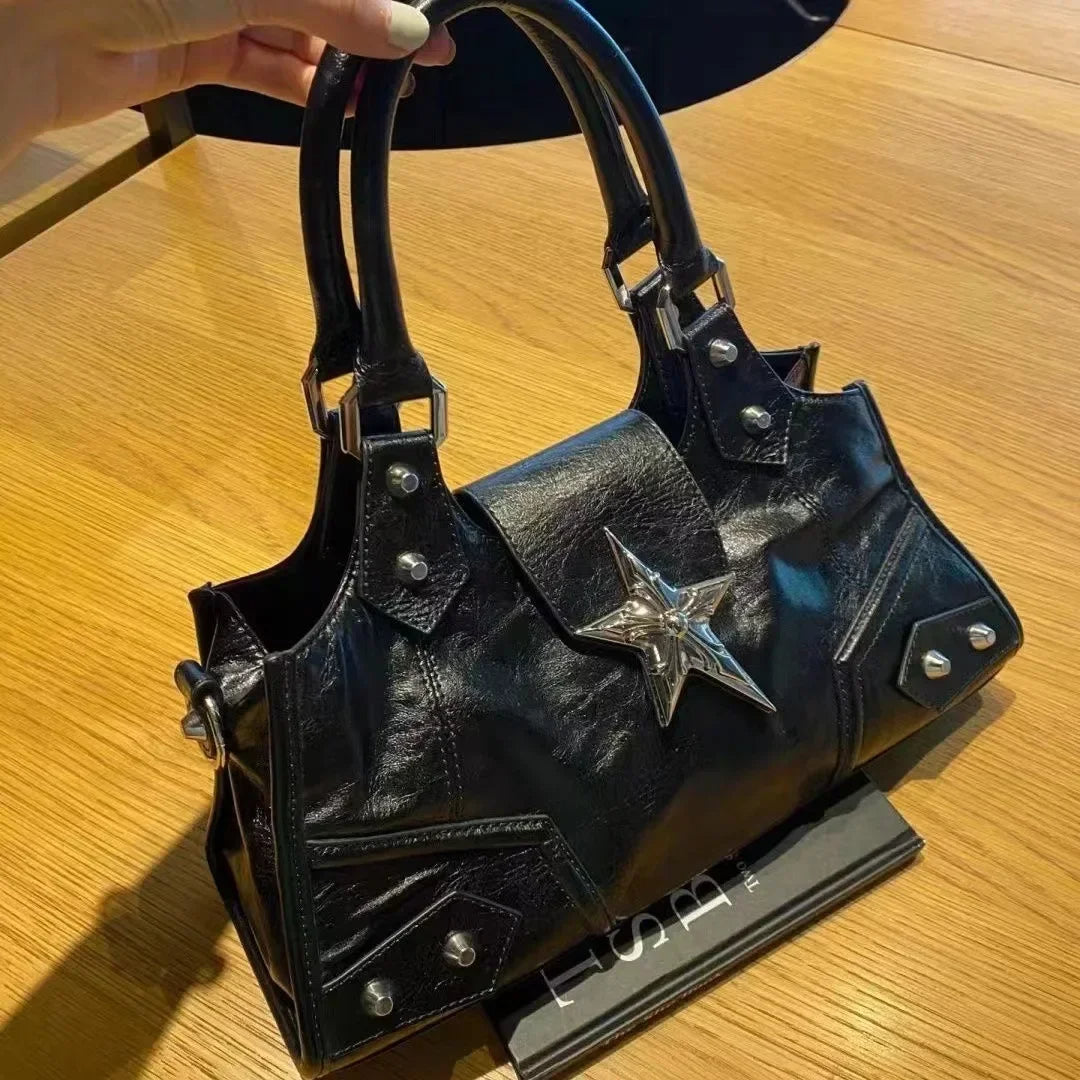 Y2K Korean Gothic Star Black Bag - Aesthetic Vintage Fairy Grunge Punk Shoulder Tote for Women