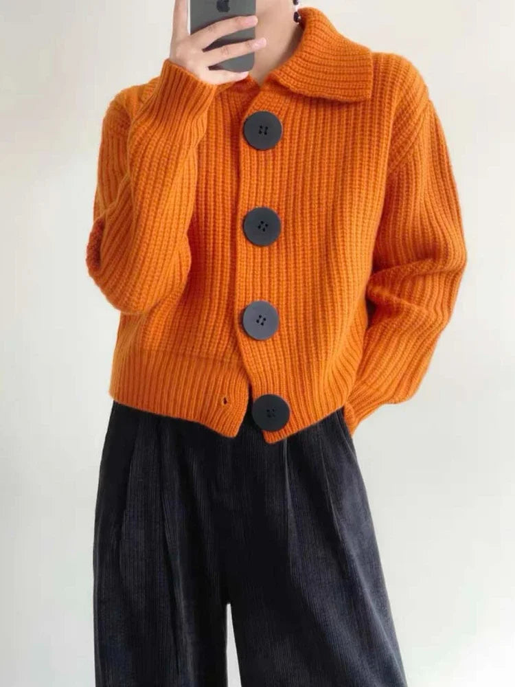 2025 Retro-Inspired Orange V-Neck Cardigan for Women Loose-Fit Thick Knit with Large Button Detail