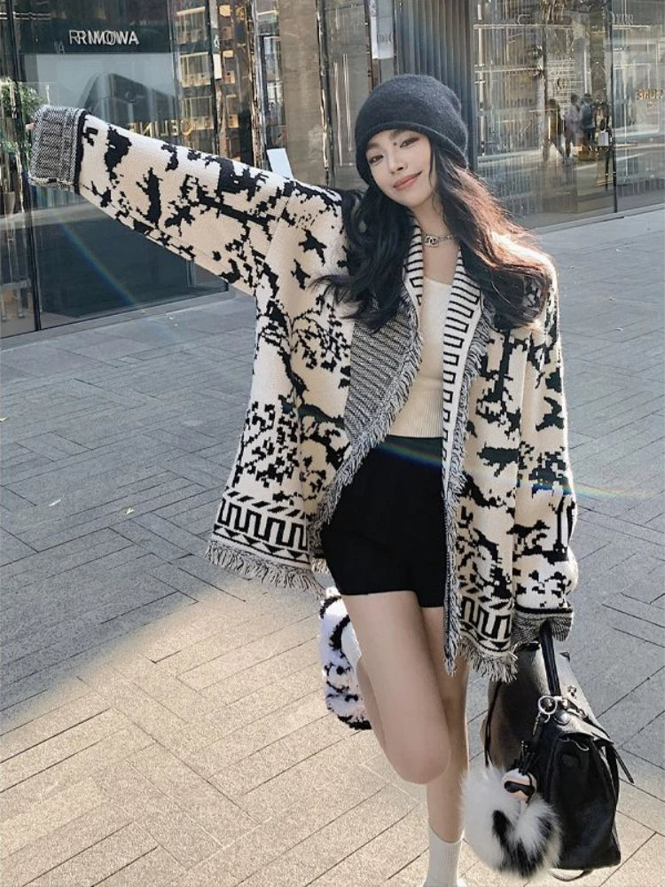 2025 Retro-Inspired Harajuku Tie-Dye Cardigan for Women Long Sleeve, Tassel Detail, Turn-Down Collar, Autumn & Winter Fashion