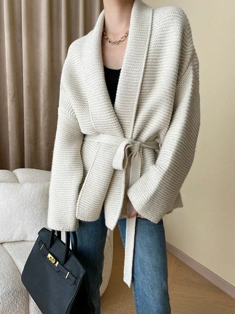 2025 Oversized Gray Knit Cardigan for Women Waist-Tie Design, Loose-Fit, Warm Autumn Fashion