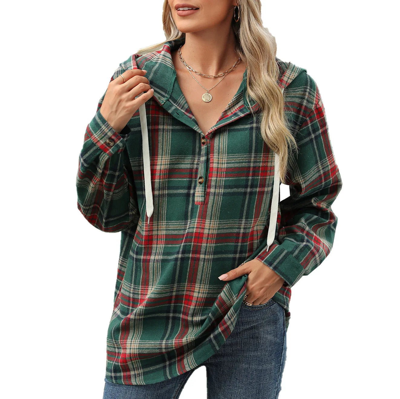 2025 Plaid Hooded Sweatshirt for Women Loose Fit Drawstring Long Sleeve Casual Fall Fashion