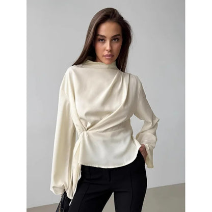 2025 Spring Women's Chiffon Flared Sleeve Blouse | Apricot Color Tie Waist Stand Collar Shirt