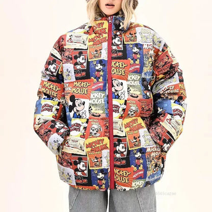 2025 American Style Cartoon Print Cotton Jacket Unisex Stand Collar Winter Coat for Men & Women