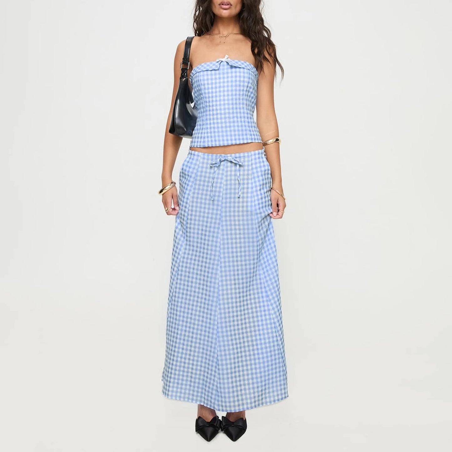 2025 Y2K Plaid Two-Piece Set for Women Crop Tube Top & Flowy Maxi Skirt Aesthetic Summer Outfit