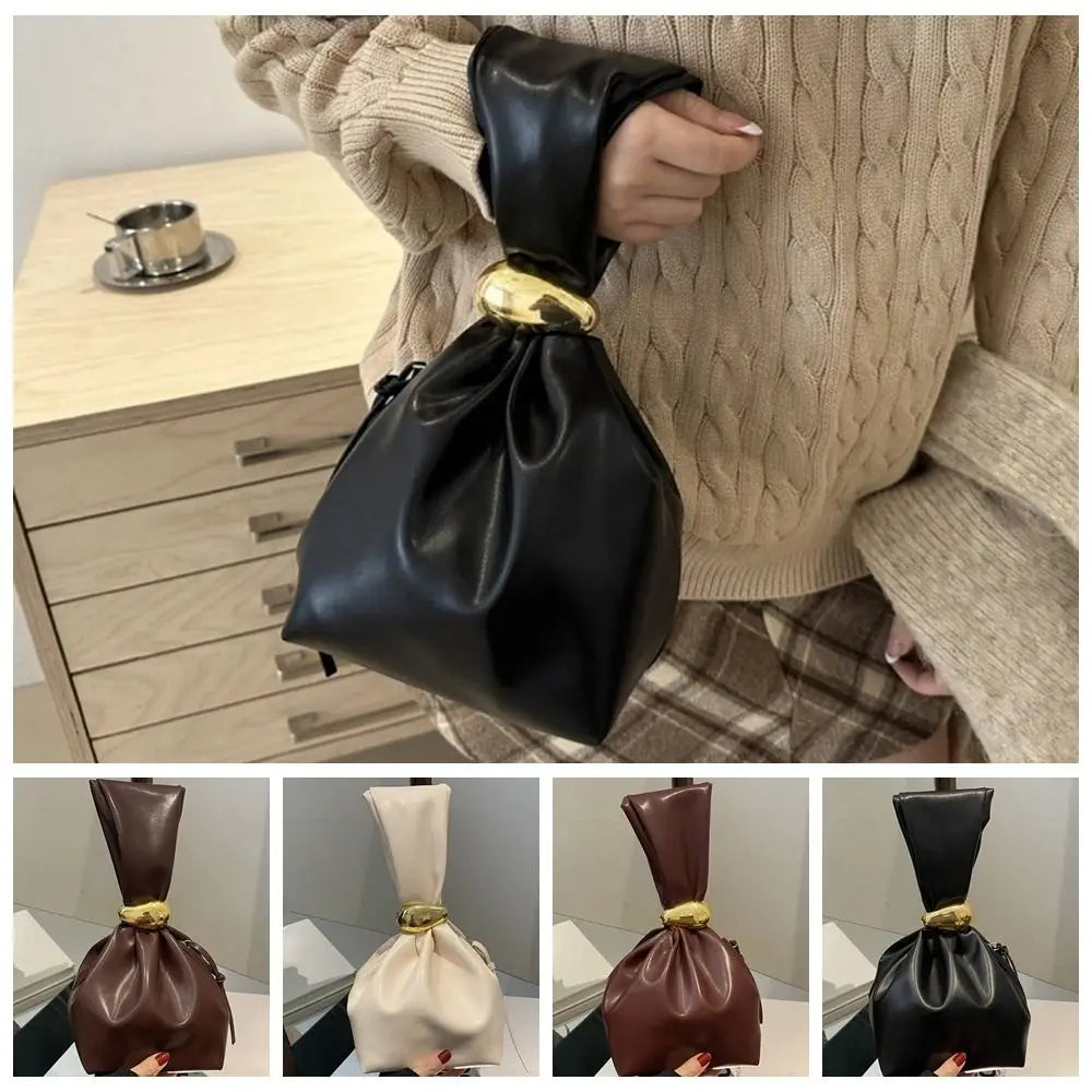 Solid PU Leather Clutch Bag - Korean Style Large Capacity Pleated Bucket Evening Handbag with Side Zipper