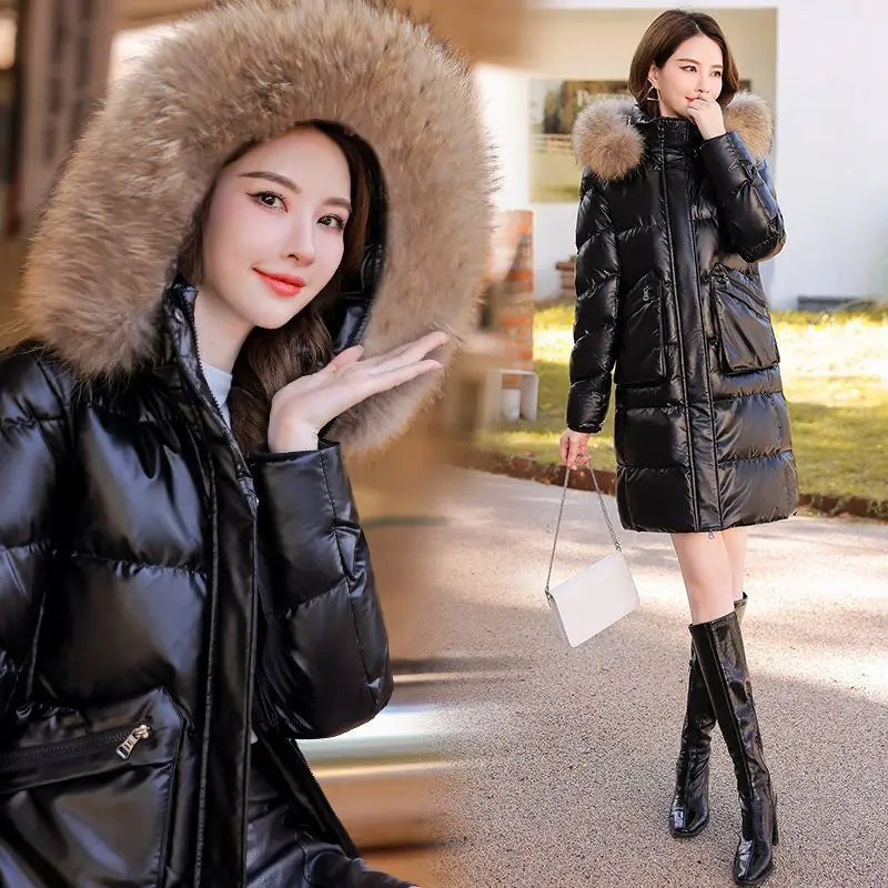 New Winter Fashion Women's Mid-Length Down Coat Fur Collar Bright Finish Thick & Warm