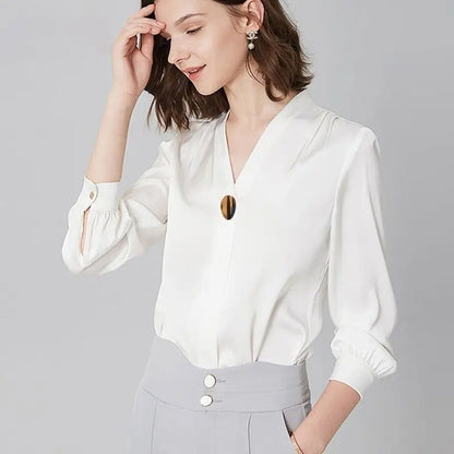 Spring/Summer Women’s Chiffon Loose-Fit Shirt | Solid Color Long Sleeve Office Lady Top for All-Match Fashion