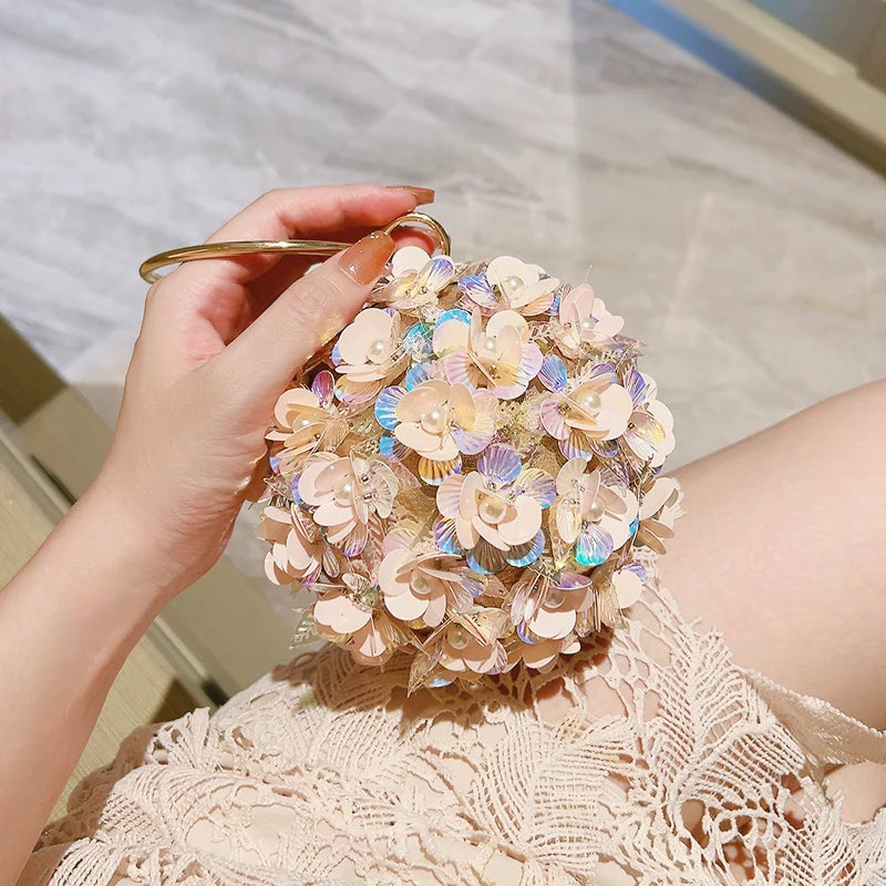 Mini Sequin Flower Evening Bag - Elegant Round Clutch Purse for Wedding, Party & Prom