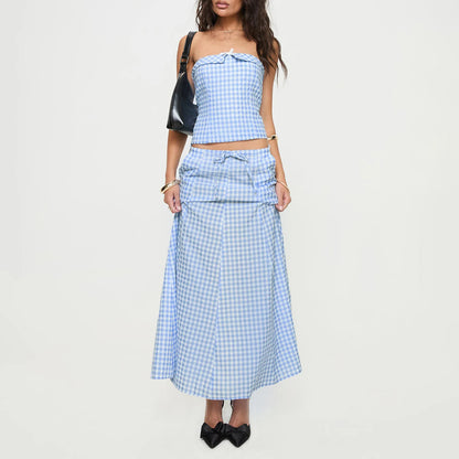 2025 Y2K Plaid Two-Piece Set for Women Crop Tube Top & Flowy Maxi Skirt Aesthetic Summer Outfit