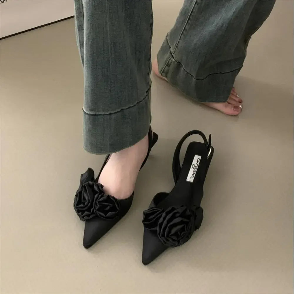 Designer Pointed Toe Mules - Floral Sexy Dress Sandals & Slippers for Women, French Style Spring Shoes