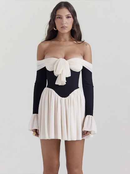 Off-Shoulder Long Flare Sleeve Pleated Mini Club Party Dress