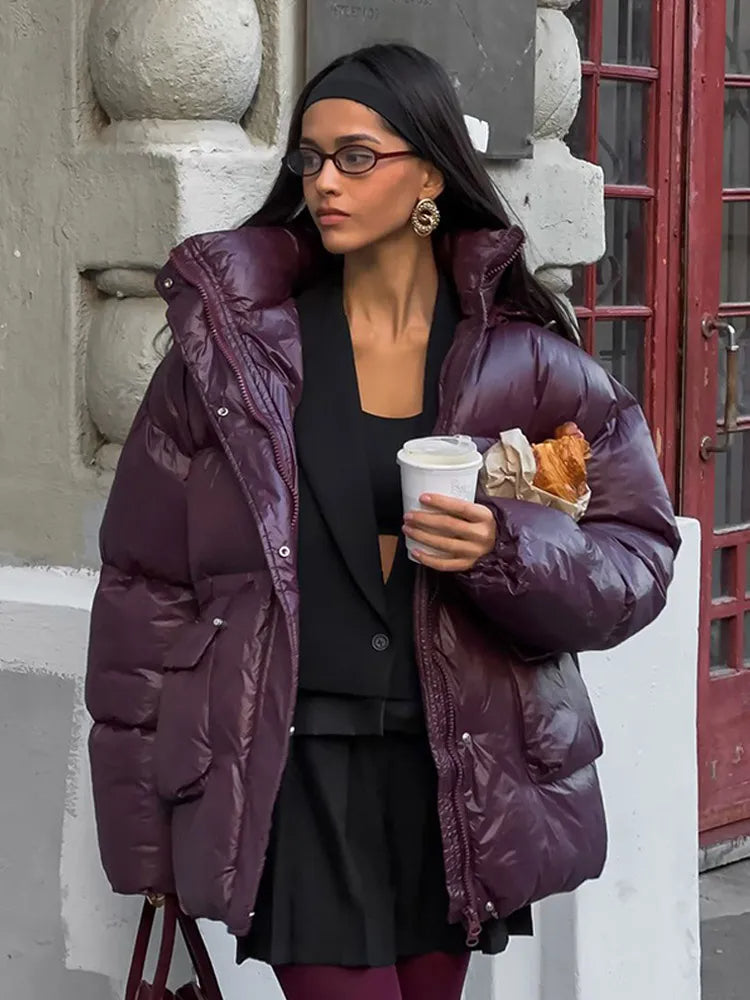 Fashion Burgundy Red Women’s Drawstring Down Jacket Chic Stand Collar Long Sleeve Warm Winter Coat