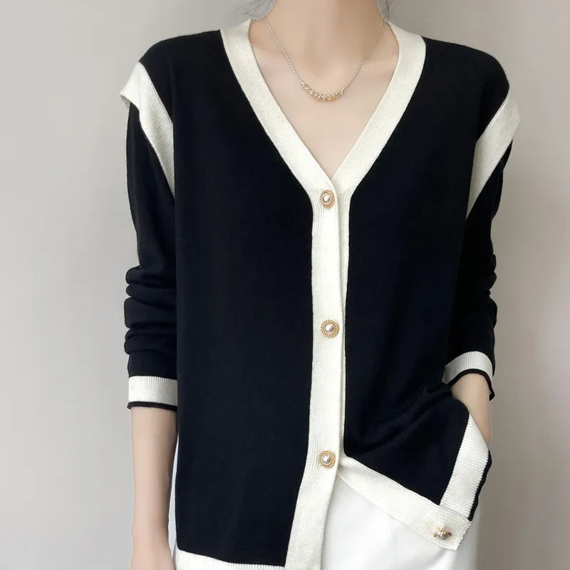 2025 V-Neck Cashmere Knit Cardigan for Women Lightweight, Loose-Fit, Spring & Autumn Fashion, Lazy Chic Style