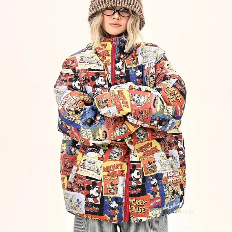 2025 American Style Cartoon Print Cotton Jacket Unisex Stand Collar Winter Coat for Men & Women