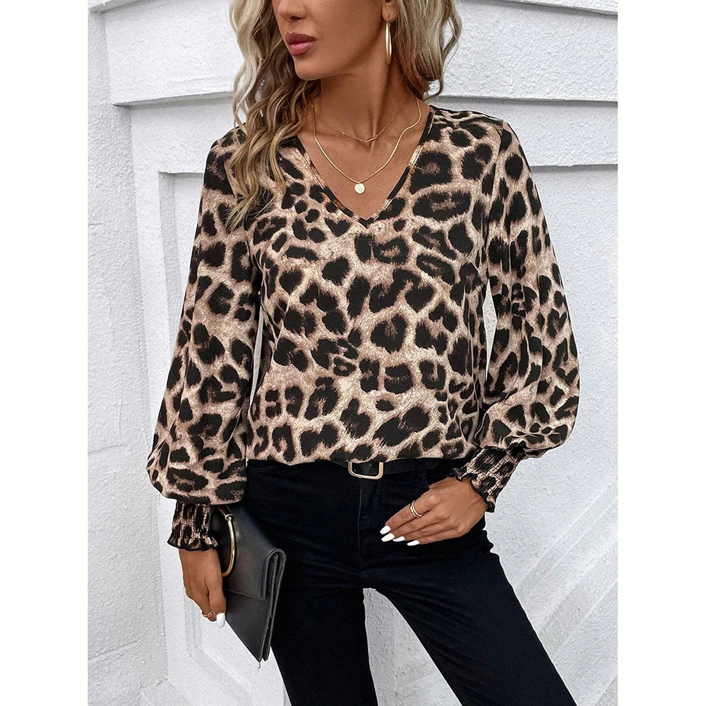 Autumn/Winter Women's Slim Fitting Leopard Print Blouse | Long Sleeve V-Neck High Street Top