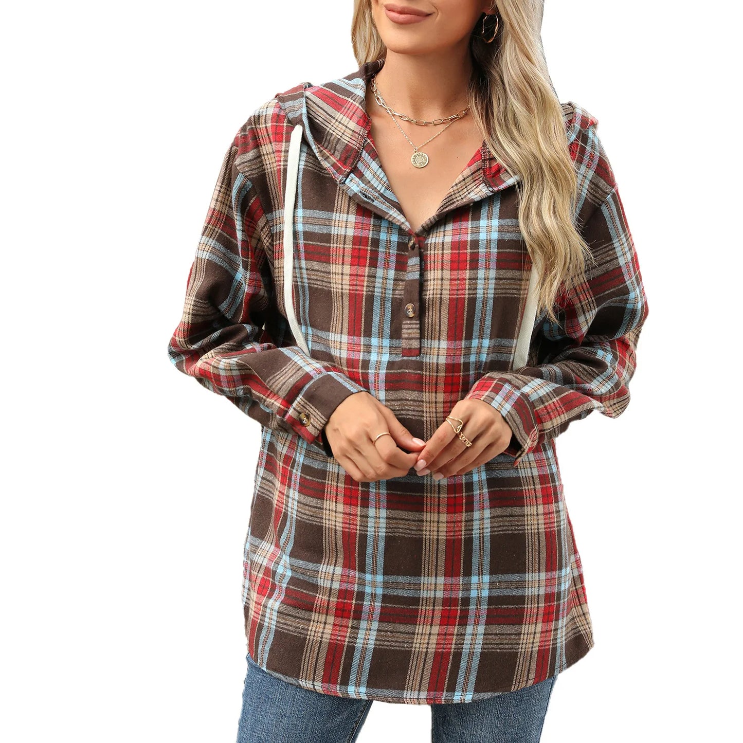 2025 Plaid Hooded Sweatshirt for Women Loose Fit Drawstring Long Sleeve Casual Fall Fashion