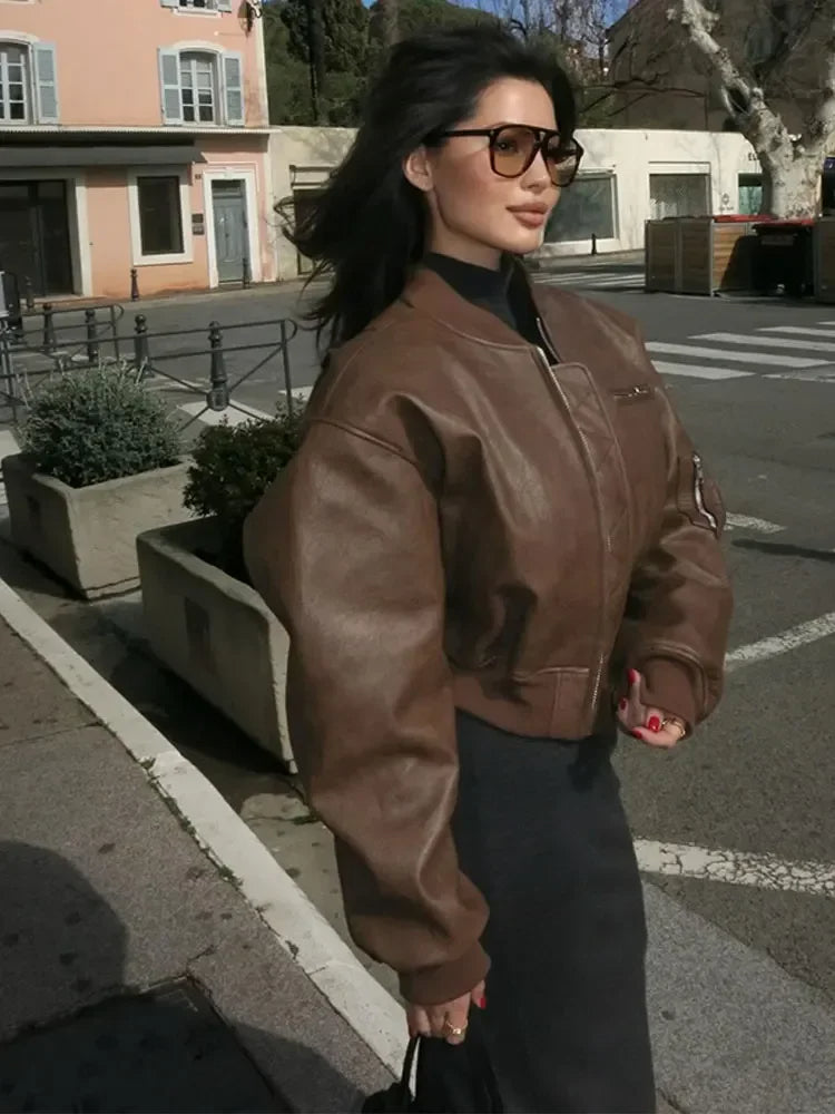 Elegant Brown Zipper Short Leather Bomber Jacket