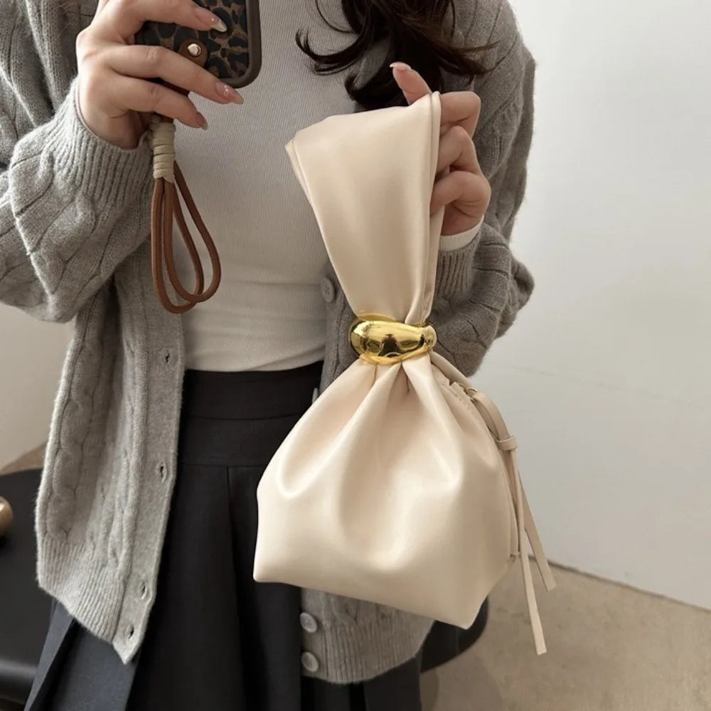 Solid PU Leather Clutch Bag - Korean Style Large Capacity Pleated Bucket Evening Handbag with Side Zipper